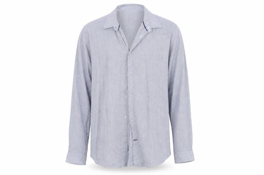 Front view of Burton men’s blue geometric button-up, size L