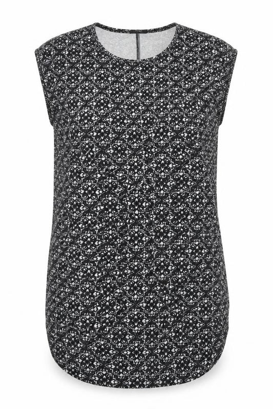 Front view of F&F women’s black floral tunic blouse, size UK 6
