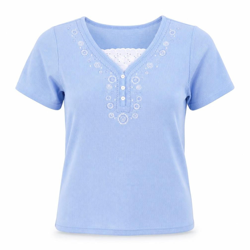 Front view of Bonmarché women’s blue floral basic t-shirt, size XS