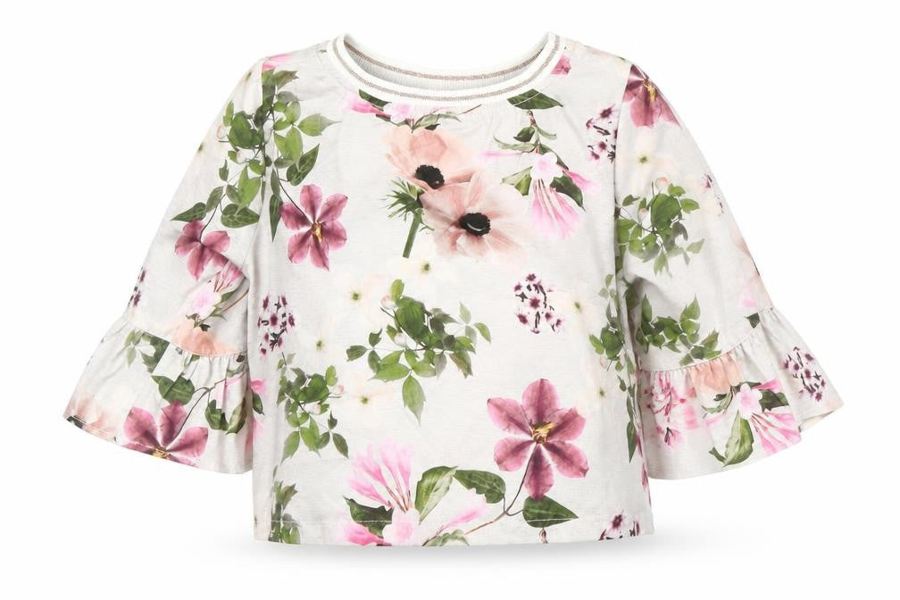 Front view of Evie girls’ grey floral basic blouse, size 7, years