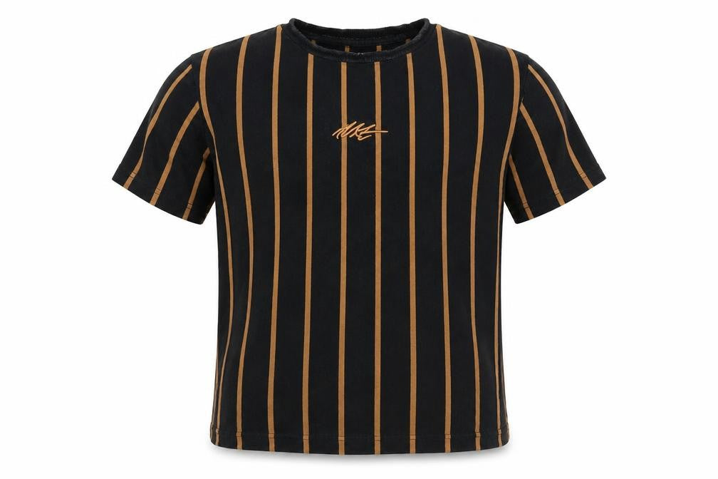 Front view of Next boys’ black striped basic t-shirt, size 6, years