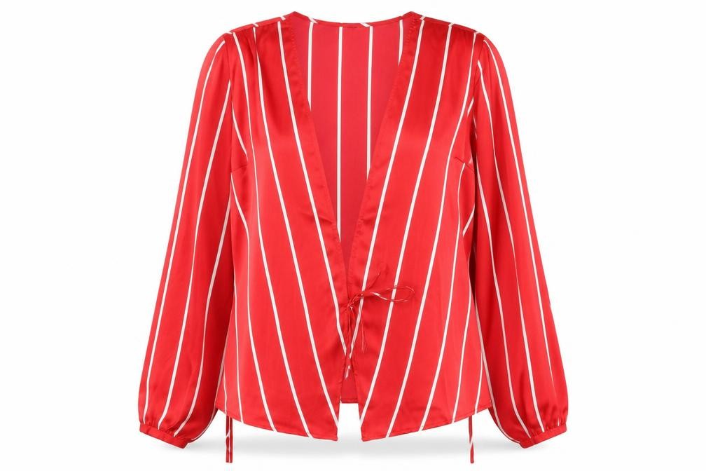Front view of Bonprix women’s red striped wrap jumper, size UK 12