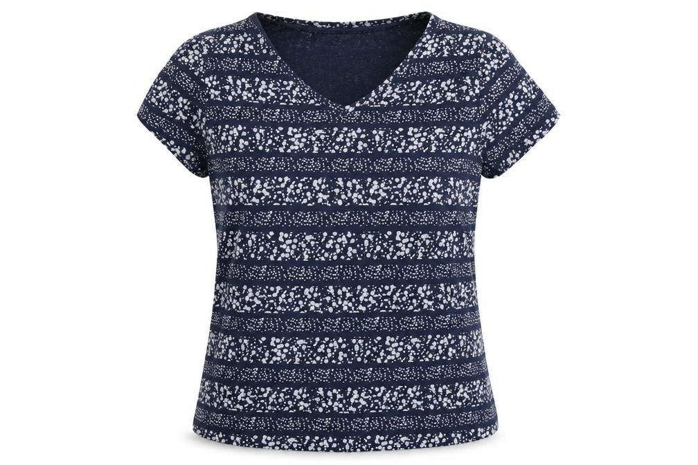 Front view of John Baner women’s blue geometric basic t-shirt, size M