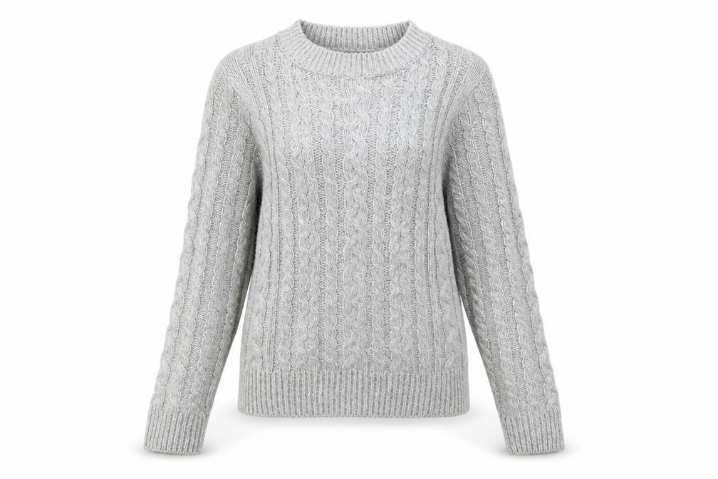 Front view of Primark women’s grey geometric knit pullover sweatshirt, size UK 6
