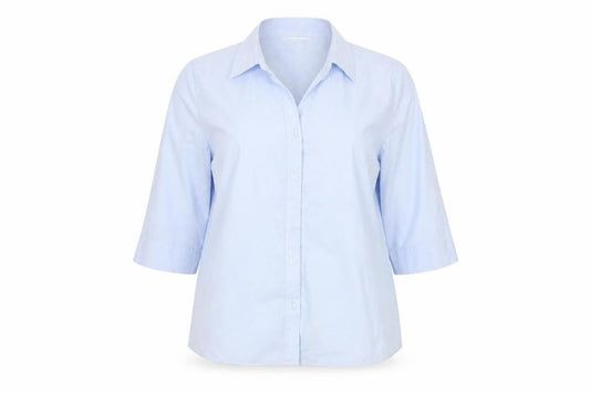 Front view of AMARANTO women’s blue basic button-up, size UK 16