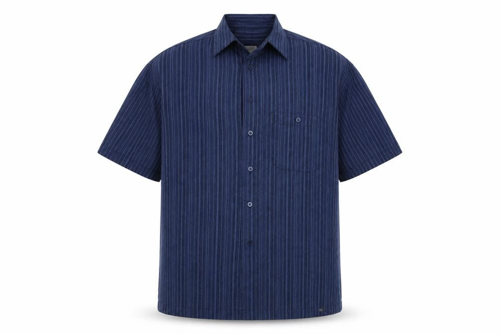 Front view of Haggar men’s blue striped button-up, size S