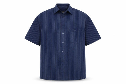 Front view of Haggar men’s blue striped button-up, size S