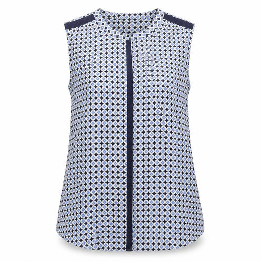 Front view of HELENE FICHER women’s blue geometric basic button-up, size UK 8
