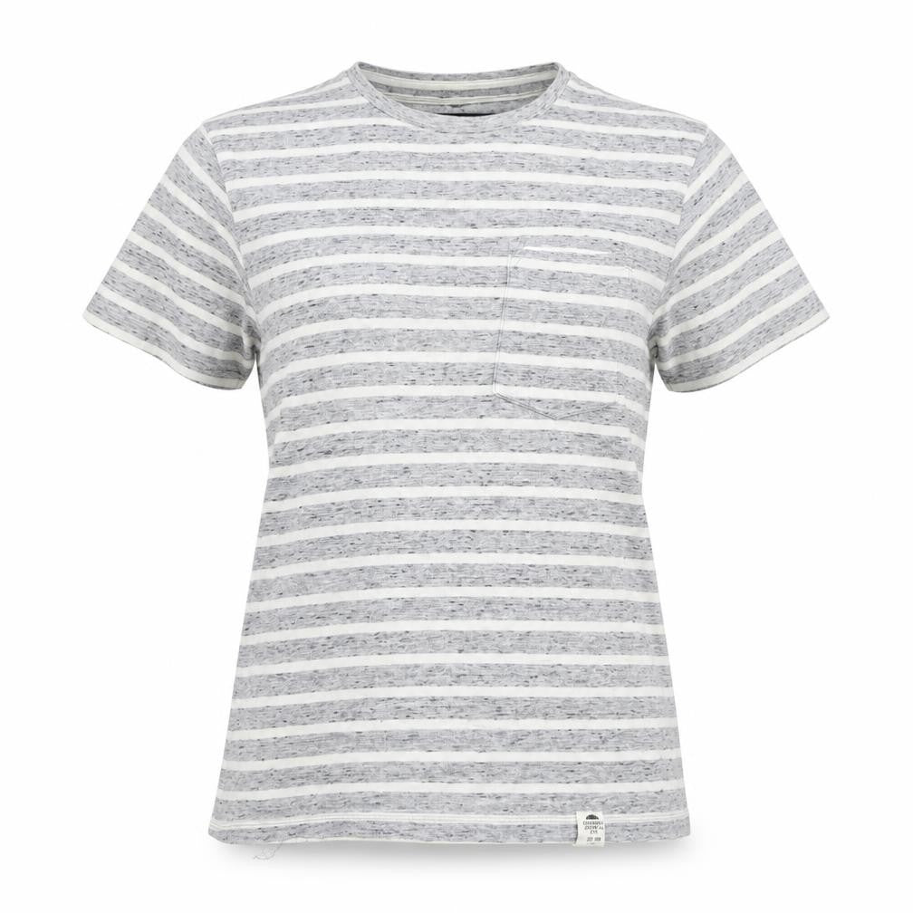 Front view of Greenwoods state women’s grey striped basic t-shirt, size XS