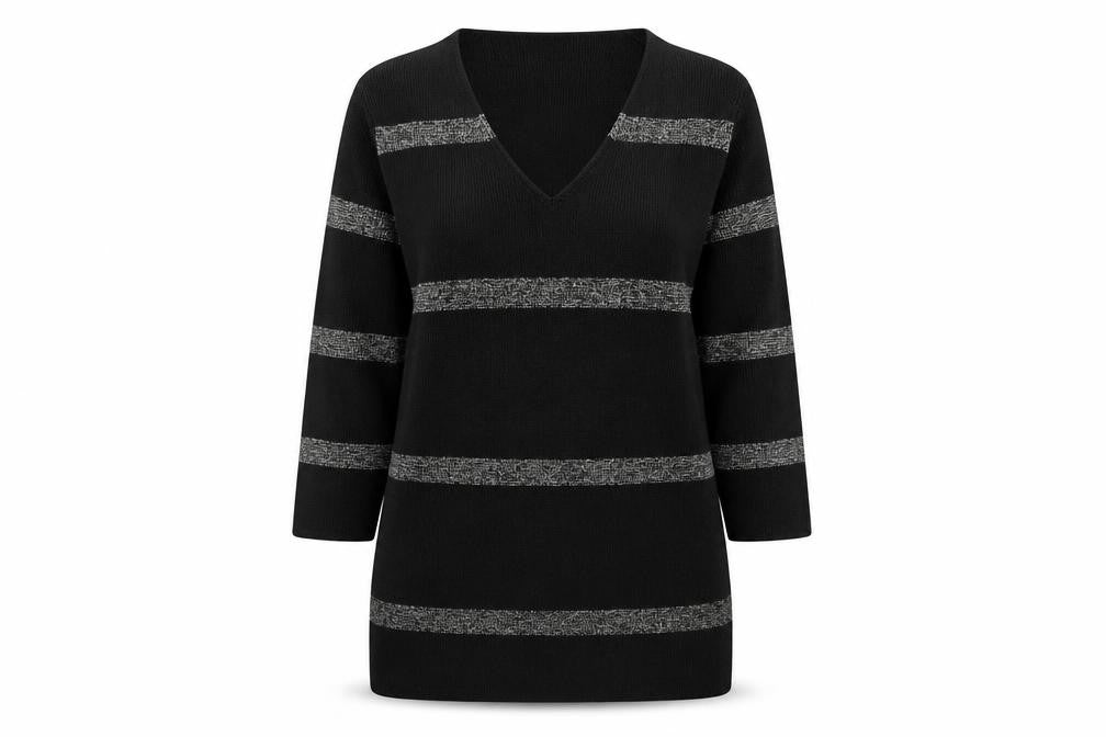 Front view of Per Una women’s brown striped jumper, size UK 12