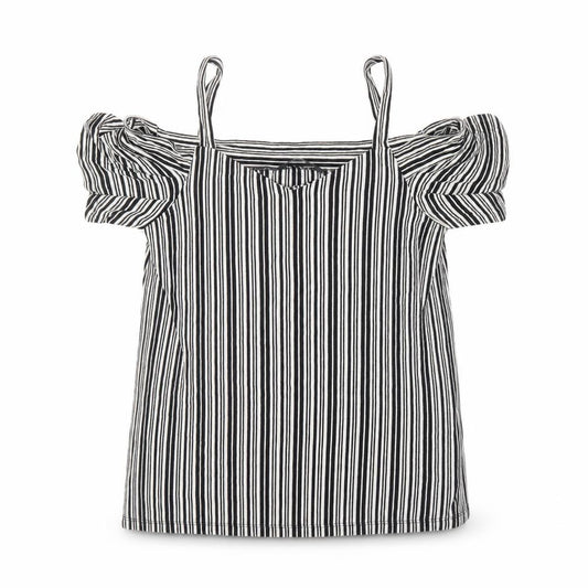 Front view of F&F women’s black striped basic blouse, size UK 10