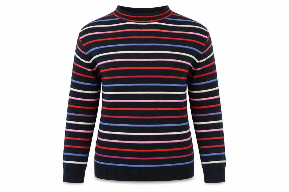 Front view of Warehouse women’s black striped jumper, size UK 10