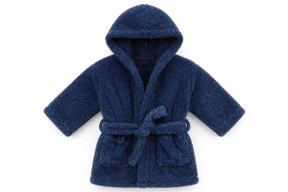 Front view of Next boys’ blue robe, size 18-24, months