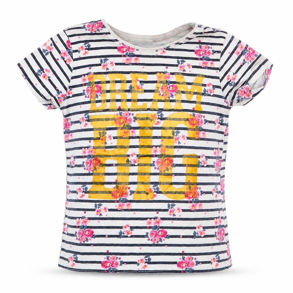 Front view of Primark girls’ blue floral basic t-shirt, size 4-5, years - dream big