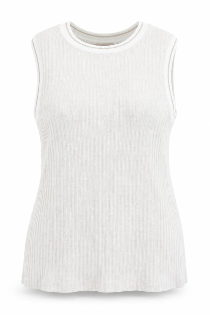 Front view of Next women’s beige striped vest jumper, size UK 16, - subtle glitter effect