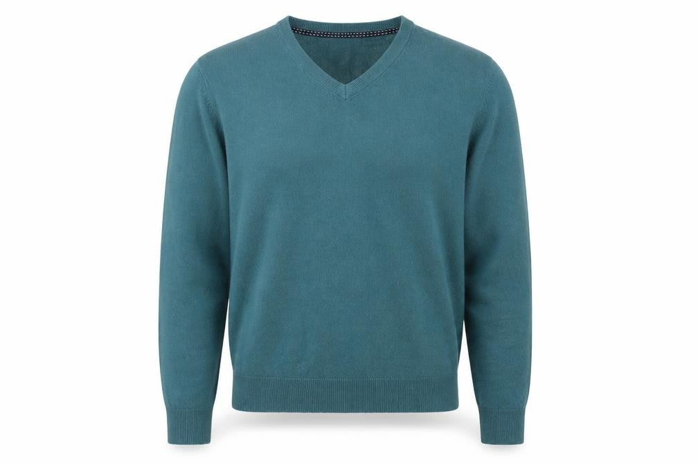 Front view of M&Co men’s blue jumper, size M