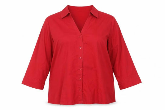 Front view of Autonomy women’s red basic button-up, size UK 18