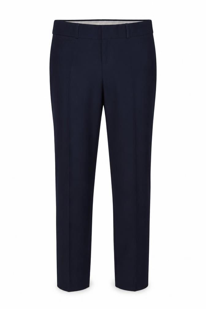 Front view of Preworn men’s blue trousers, size L, 28-inch leg
