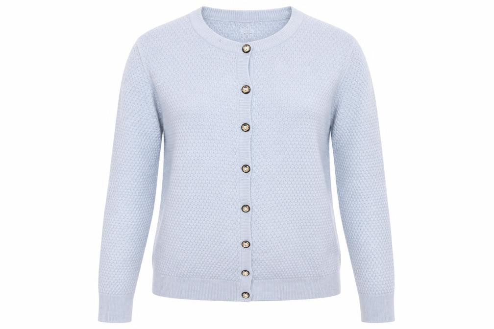 Front view of Preworn women’s blue cardigan jumper, size L