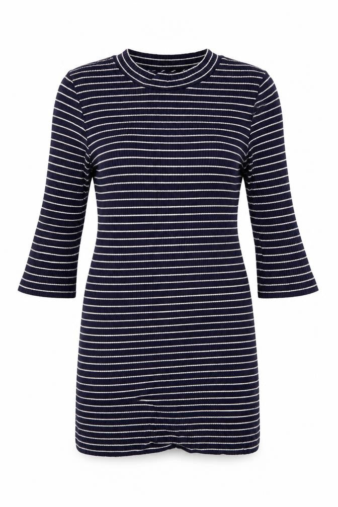 Front view of F&F women’s blue striped jumper, size UK 8