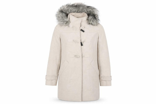 Front view of ASOS women’s beige overcoat coat, size UK 10