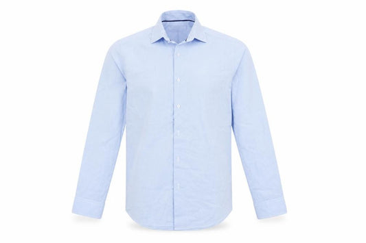 Front view of Primark men’s blue button-up, size 14.5