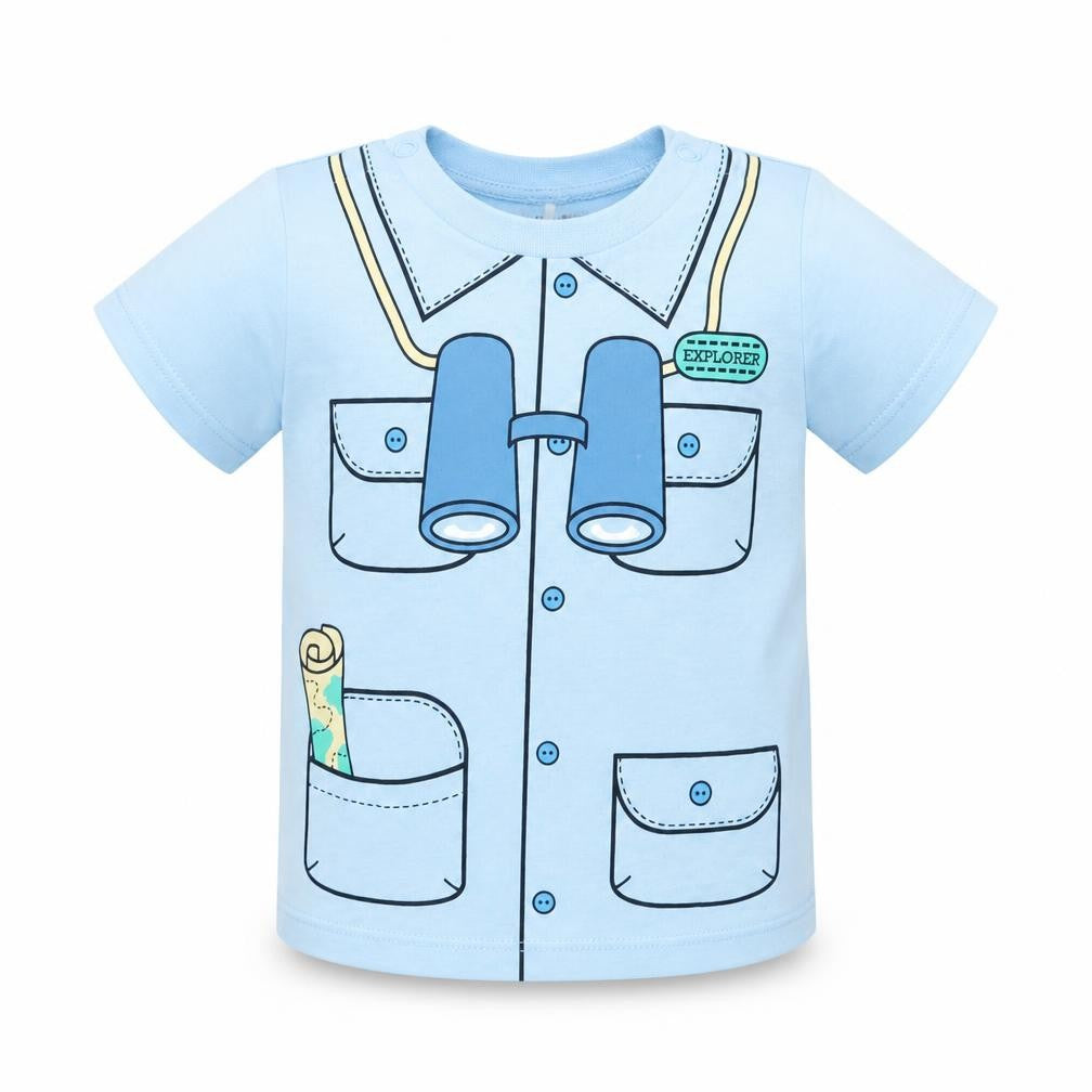 Front view of Polarn O. Pyret Baby Blue Basic T-Shirt, size 3-6, Months - adventurer