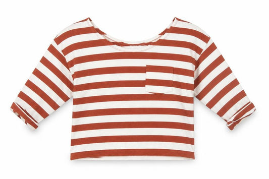 Front view of ASOS women’s brown striped basic t-shirt, size UK 8