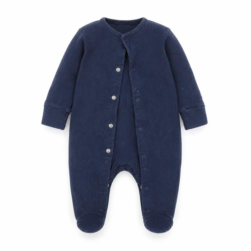 Front view of Very boys’ blue geometric babydoll one piece, size 3-6, months