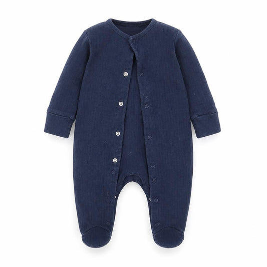 Front view of Very boys’ blue geometric babydoll one piece, size 3-6, months