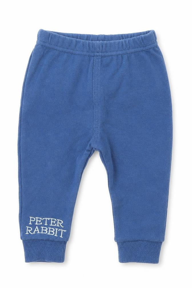 Front view of M&Co boys’ blue capri trousers, size 3-6, months - peter rabbit