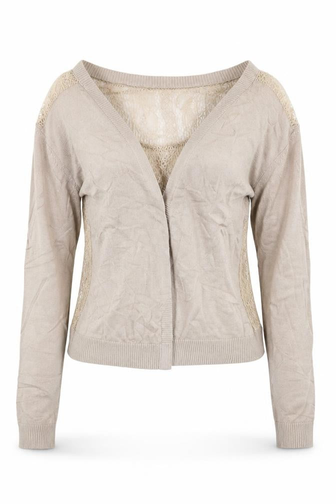 Front view of ChenKe women’s beige knit cardigan jumper, size M