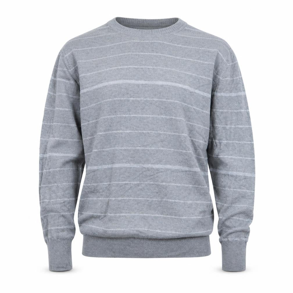 Front view of Clayton men’s grey striped knit jumper, size L