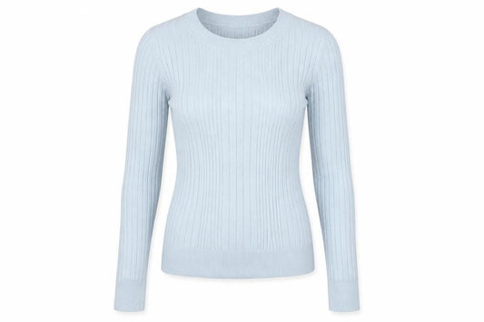 Front view of New Look women’s blue knit jumper, size UK 8