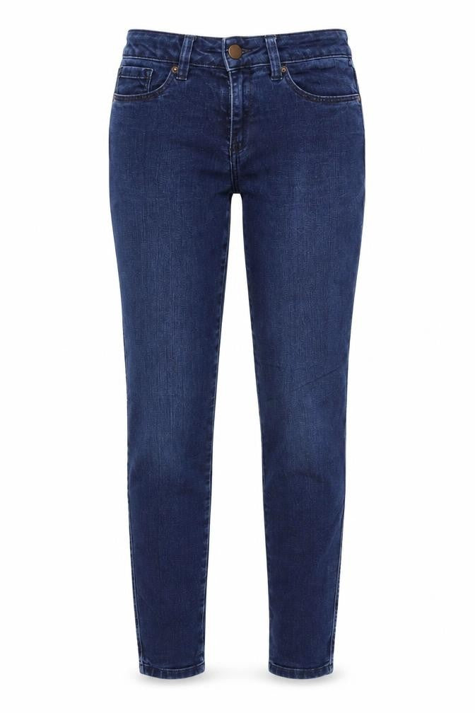Front view of Next women’s blue denim skinny jeans, size UK 8, 20-inch leg