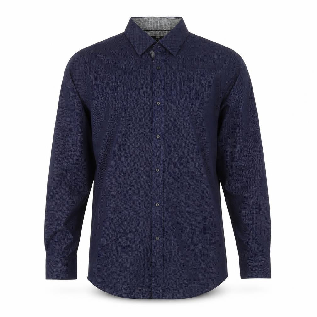 Front view of F&F men’s blue polka dot button-up, size 16