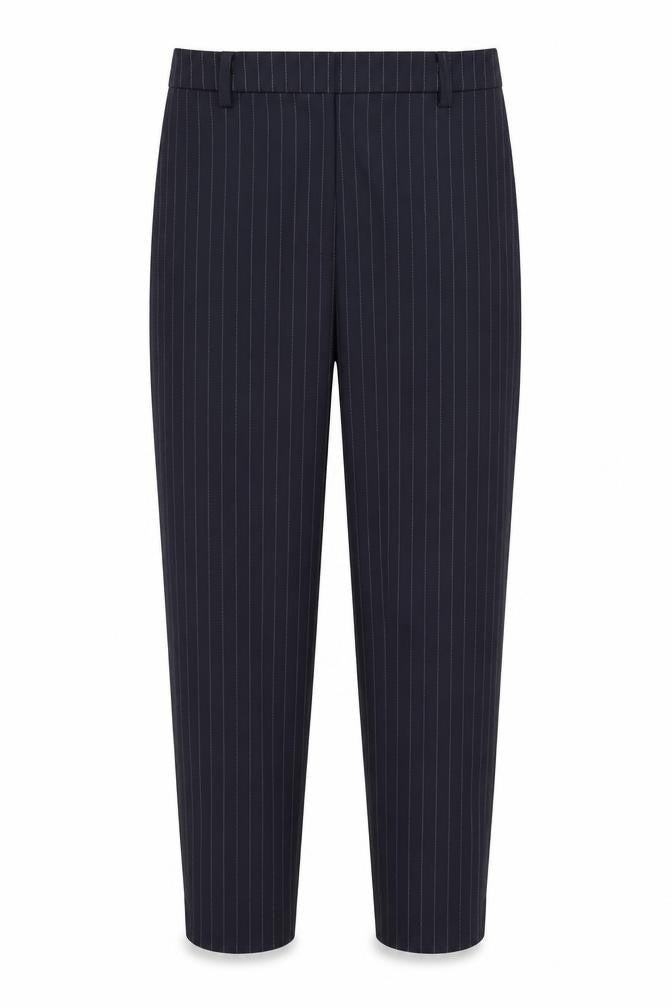 Front view of H&M women’s blue striped bloomer trousers, size UK 4, 26-inch leg