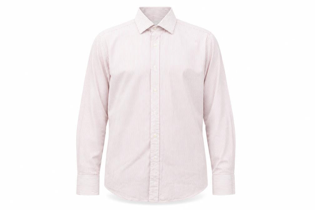 Front view of Kenneth Cole men’s pink striped button-up, size 15