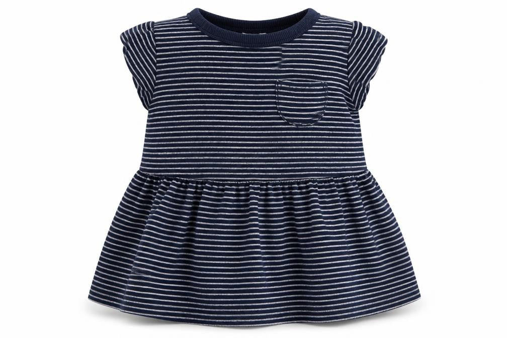 Front view of Next girls’ blue striped fit & flare, size 6-9, months
