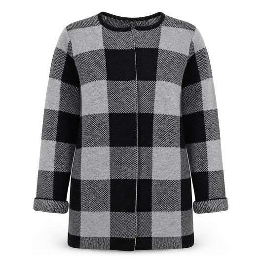 Front view of Select women’s grey check knit cardigan jumper, size UK 16