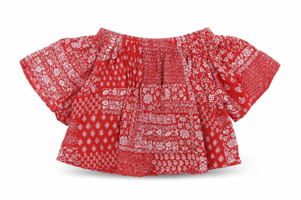 Front view of Select women’s red paisley cropped t-shirt, size UK 8