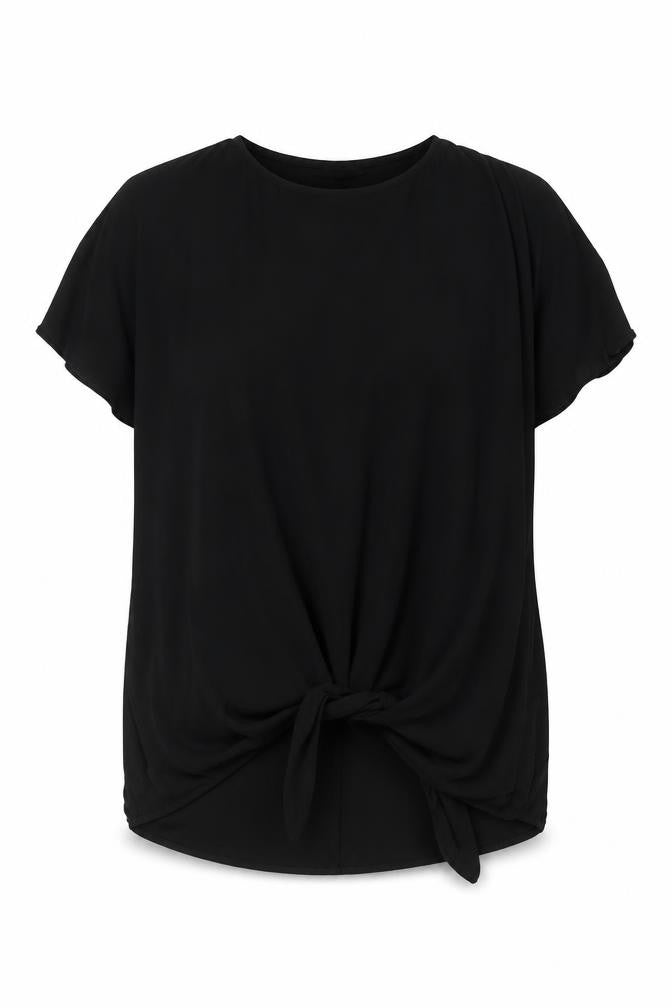 Front view of River Island women’s black basic blouse, size UK 6, - tie front detail