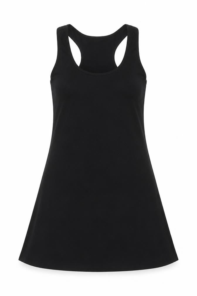 Front view of women’s black tank dress, size L