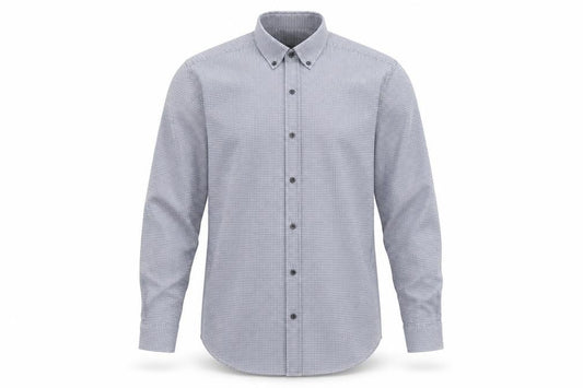Front view of Debenhams men’s blue geometric button-up, size 16