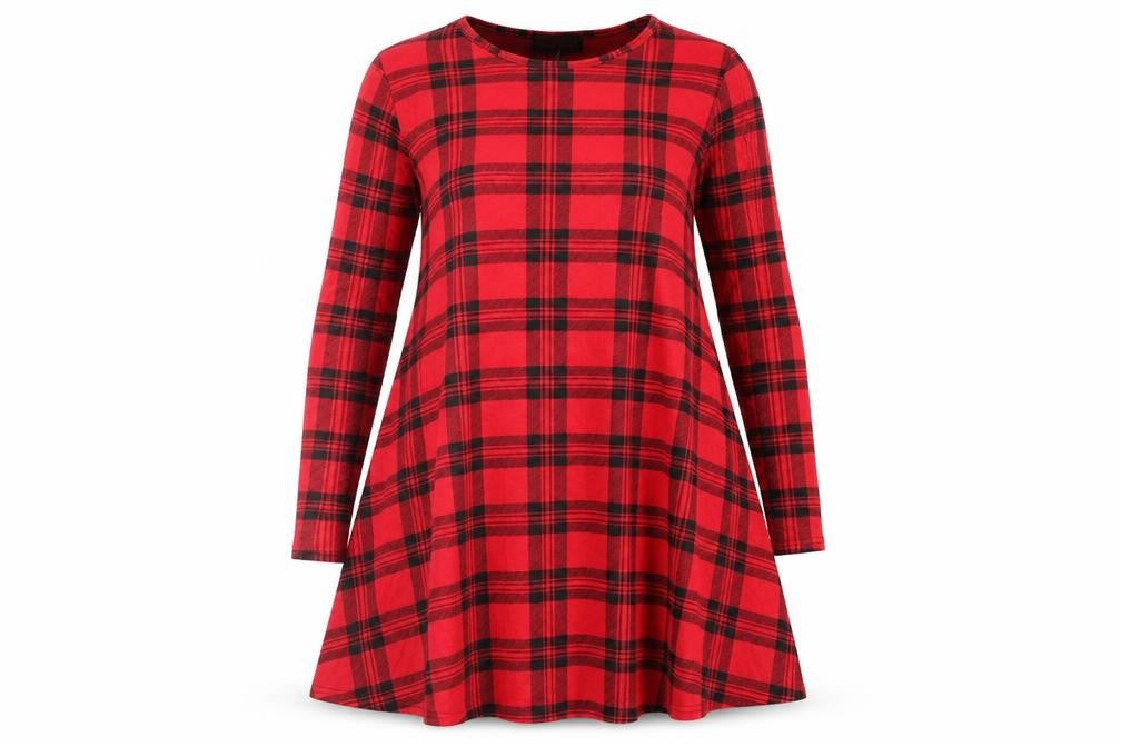 Front view of candy brush women’s red check a-line, size M