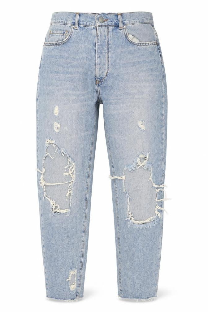 Front view of Never Denim women’s blue mom jeans, size UK 28, in, 26-inch leg