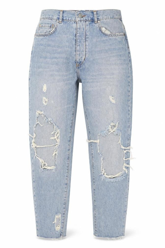 Front view of Never Denim women’s blue mom jeans, size UK 28, in, 26-inch leg