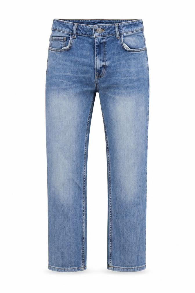 Front view of Preworn men’s blue straight jeans, size 32, 26-inch leg