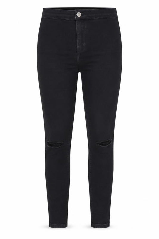 Front view of Topshop women’s black skinny jeans, size UK 25, in, 24-inch leg