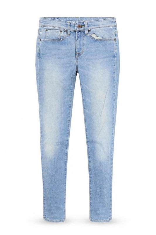 Front view of genbrg women’s blue skinny jeans, size UK 27, 28-inch leg